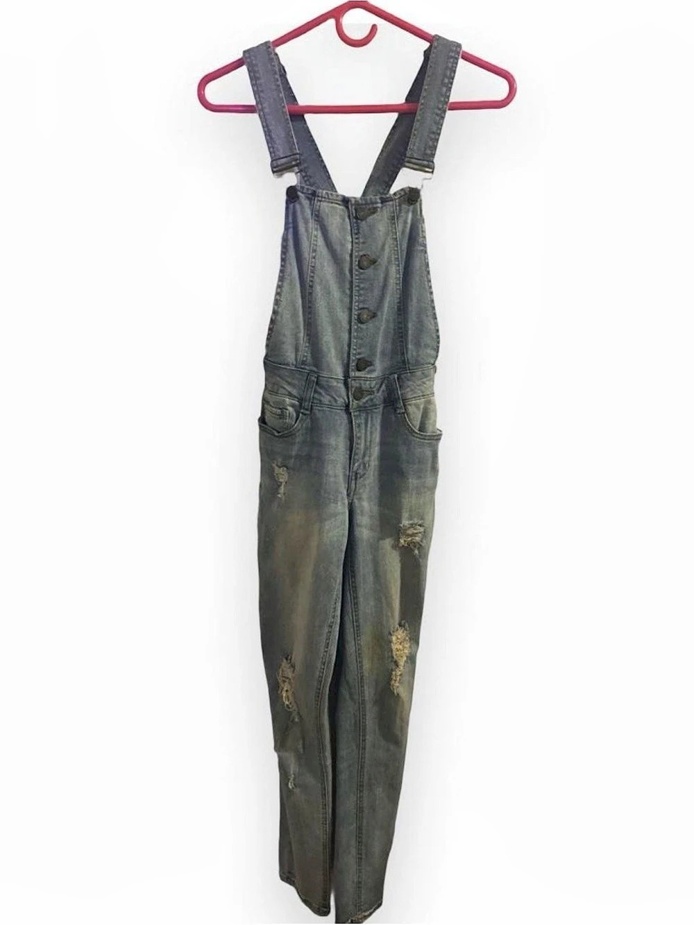Distressed Denim Overalls in Blue